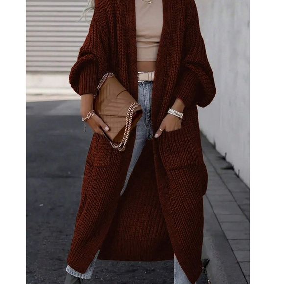 Plus Open Front Pockets Long Knit Cardigan - Picture 2 of 6